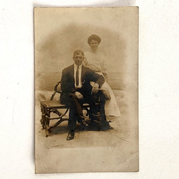 RPPC c1930 Handsome Gentleman Lady Couple Studio Portrait AZO Divided Postcard - Picture 2 of 6